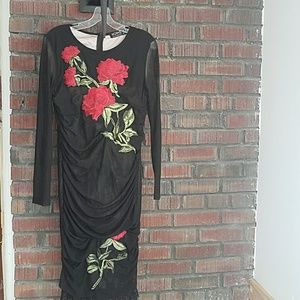Black Sheer Over Lace With Red  Flower  Embroidery